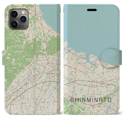 【新湊（富山県）】地図柄iPhoneケース（手帳タイプ）ナチュラル・iPhone 11 Pro Max 用