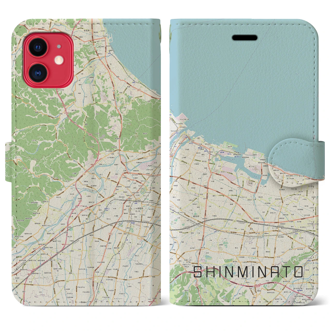 【新湊】地図柄iPhoneケース（手帳両面タイプ・ナチュラル）iPhone 11 用