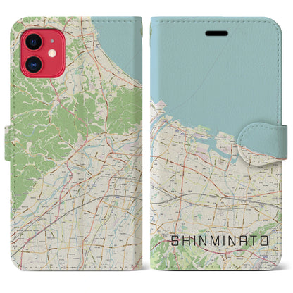 【新湊（富山県）】地図柄iPhoneケース（手帳タイプ）ナチュラル・iPhone 11 用
