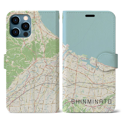 【新湊（富山県）】地図柄iPhoneケース（手帳タイプ）ナチュラル・iPhone 12 / 12 Pro 用