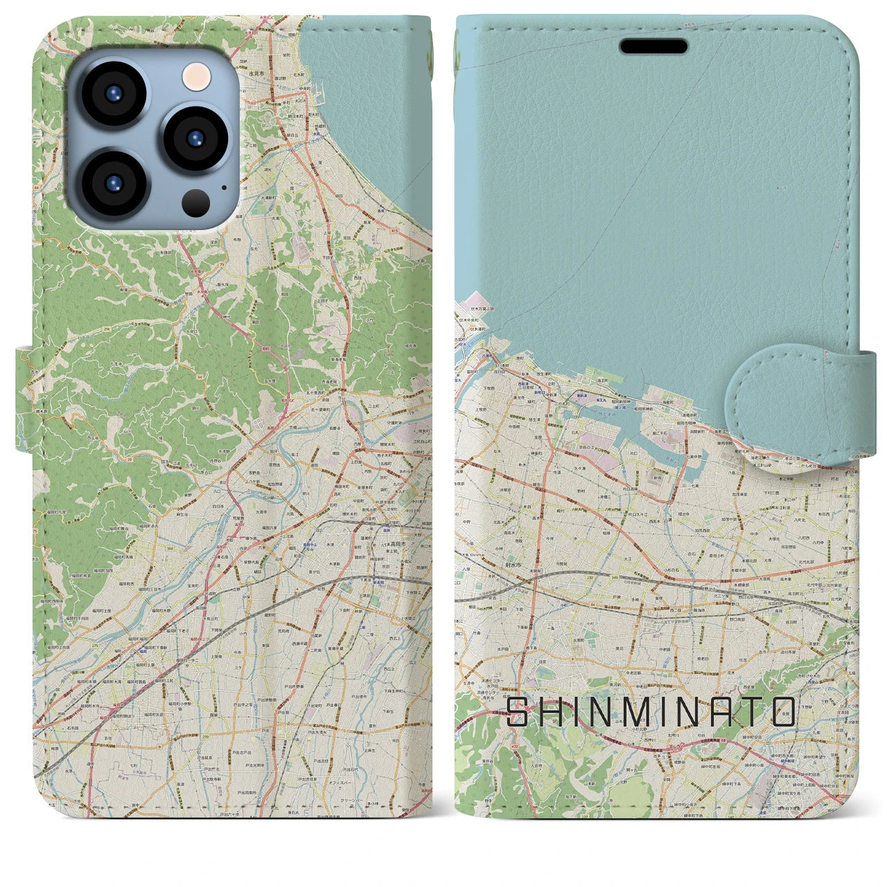 【新湊（富山県）】地図柄iPhoneケース（手帳タイプ）ナチュラル・iPhone 13 Pro Max 用