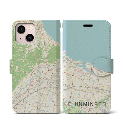 【新湊（富山県）】地図柄iPhoneケース（手帳タイプ）ナチュラル・iPhone 13 mini 用