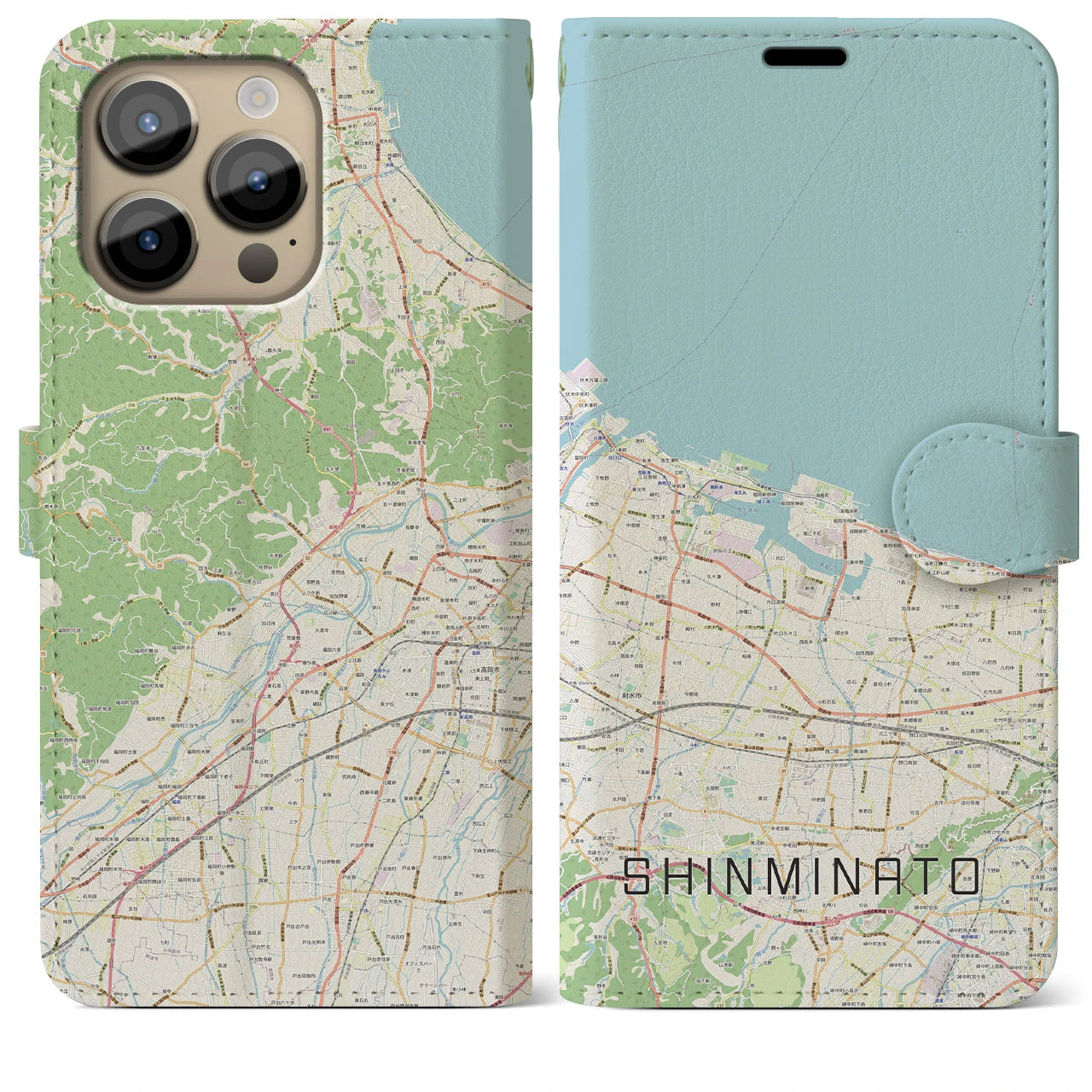 【新湊】地図柄iPhoneケース（手帳両面タイプ・ナチュラル）iPhone 14 Pro Max 用