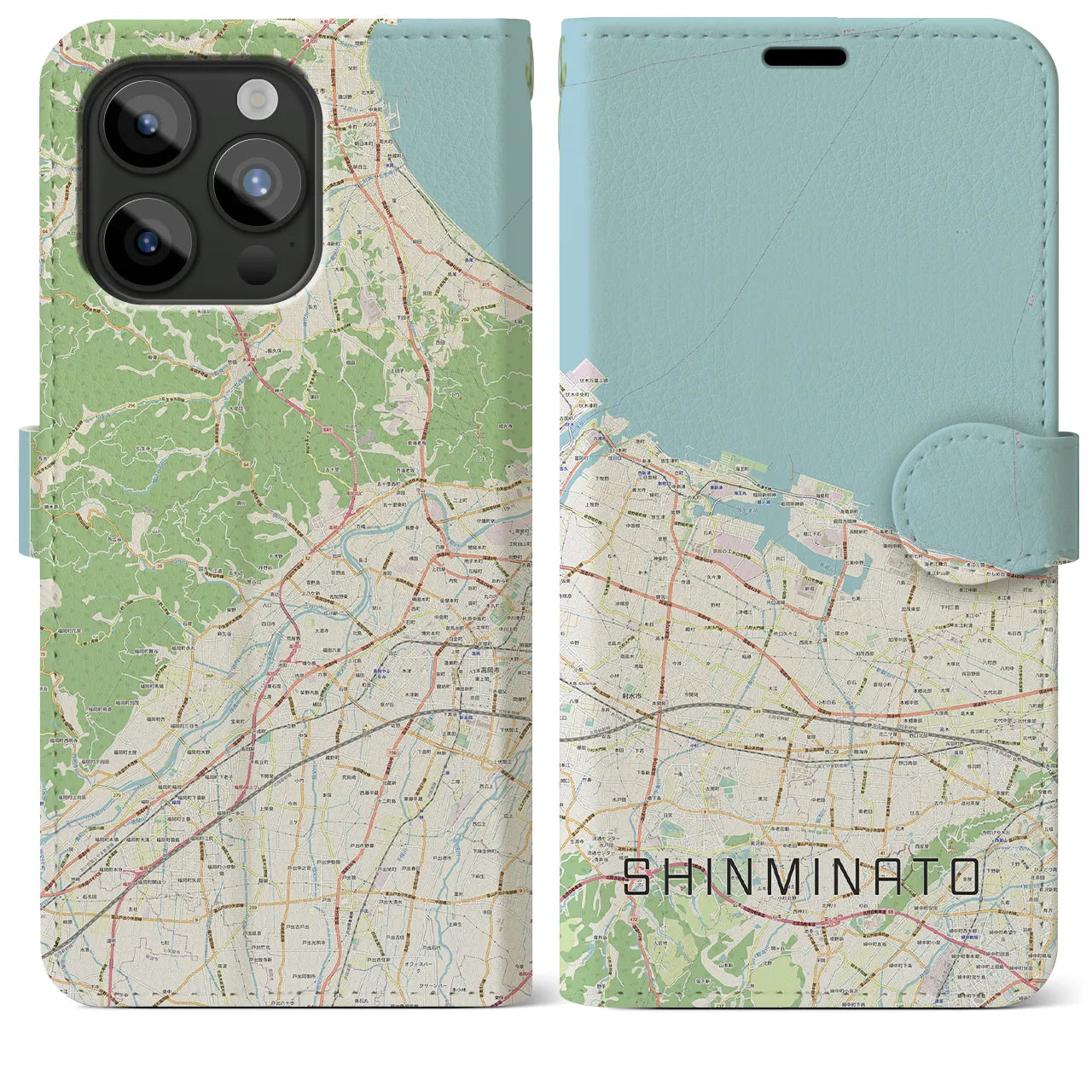 【新湊】地図柄iPhoneケース（手帳両面タイプ・ナチュラル）iPhone 15 Pro Max 用