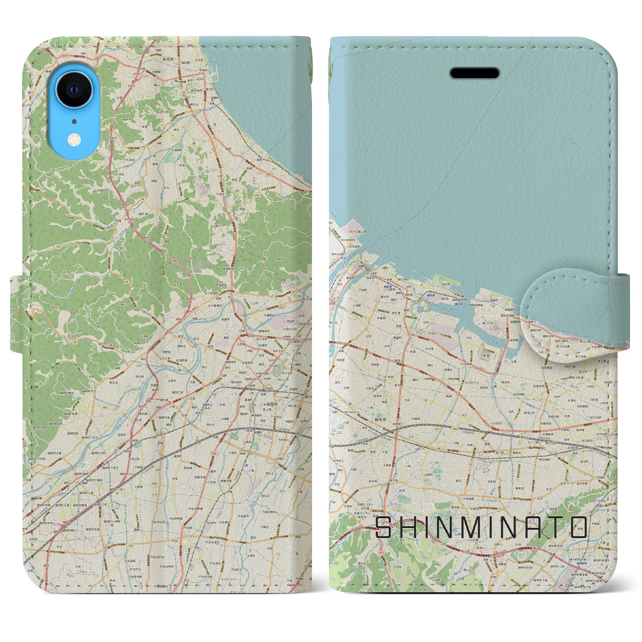 【新湊】地図柄iPhoneケース（手帳両面タイプ・ナチュラル）iPhone XR 用