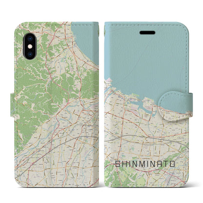 【新湊（富山県）】地図柄iPhoneケース（手帳タイプ）ナチュラル・iPhone XS / X 用