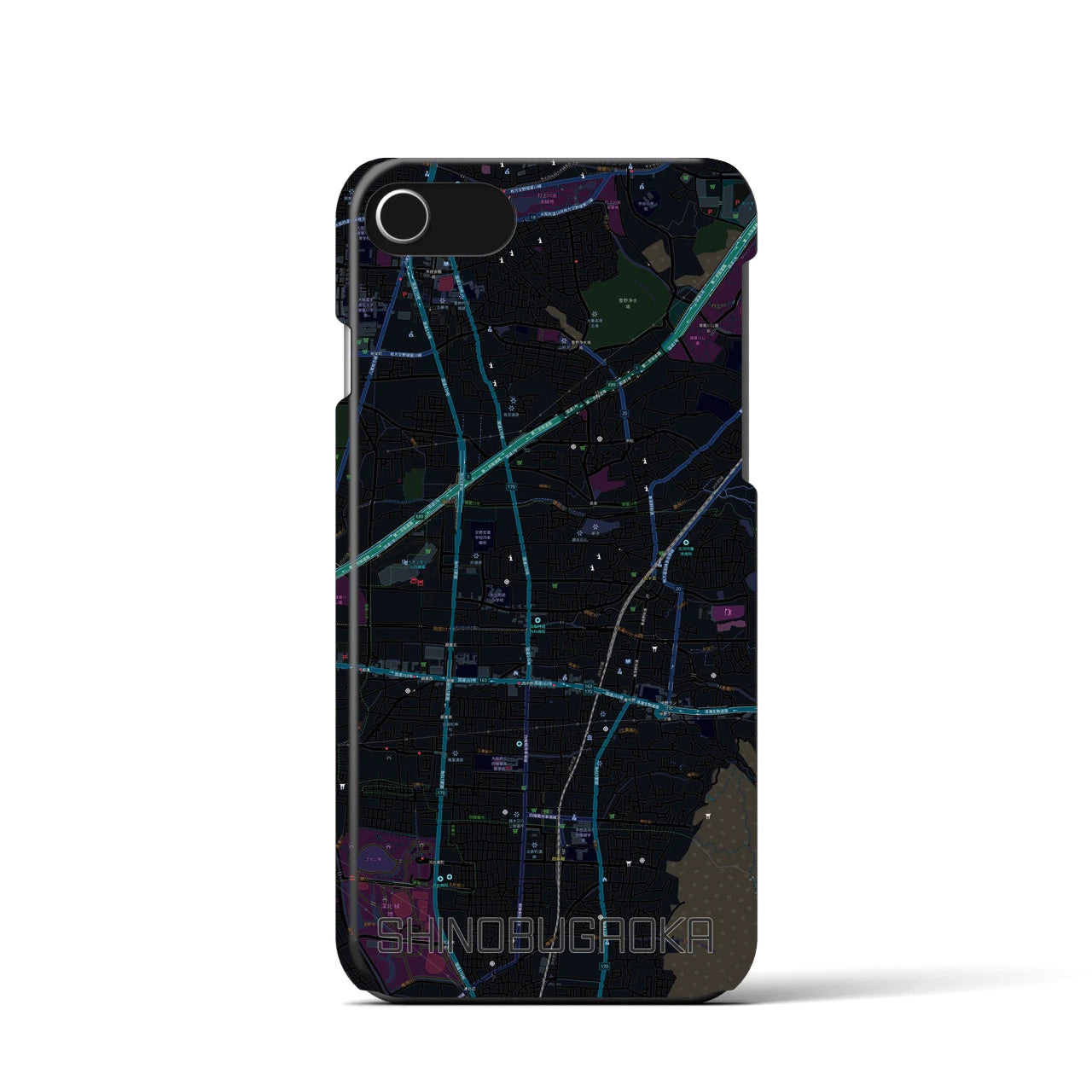 【忍ケ丘】地図柄iPhoneケース（バックカバータイプ・ブラック）iPhone SE（第3 / 第2世代） / 8 / 7 / 6s / 6 用