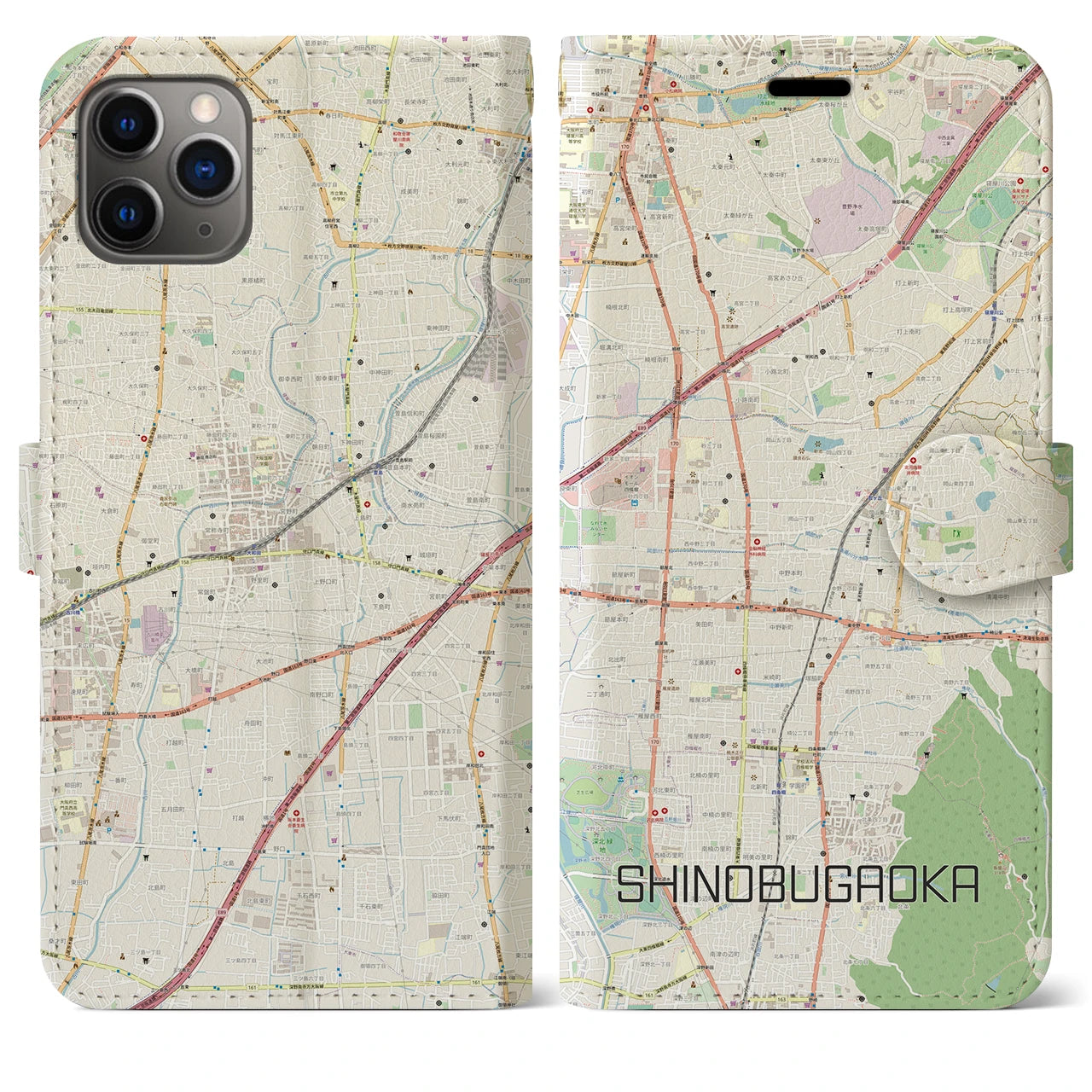 【忍ケ丘】地図柄iPhoneケース（手帳両面タイプ・ナチュラル）iPhone 11 Pro Max 用