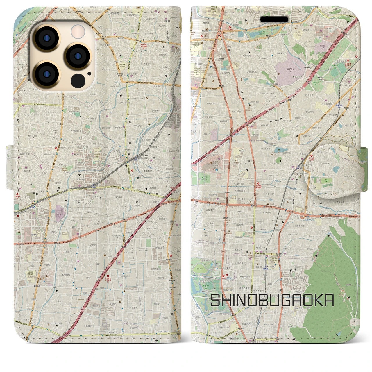 【忍ケ丘】地図柄iPhoneケース（手帳両面タイプ・ナチュラル）iPhone 12 Pro Max 用