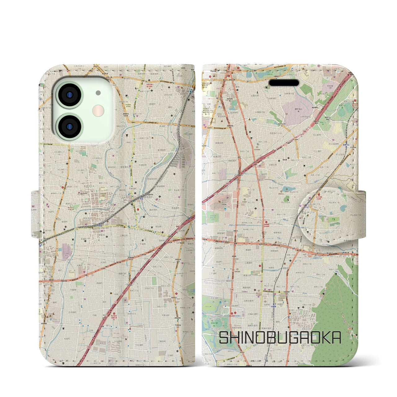【忍ケ丘】地図柄iPhoneケース（手帳両面タイプ・ナチュラル）iPhone 12 mini 用