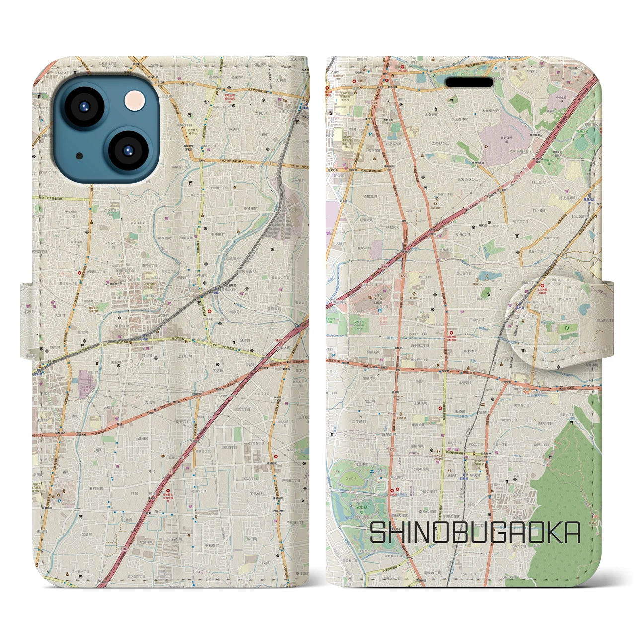 【忍ケ丘】地図柄iPhoneケース（手帳両面タイプ・ナチュラル）iPhone 13 用