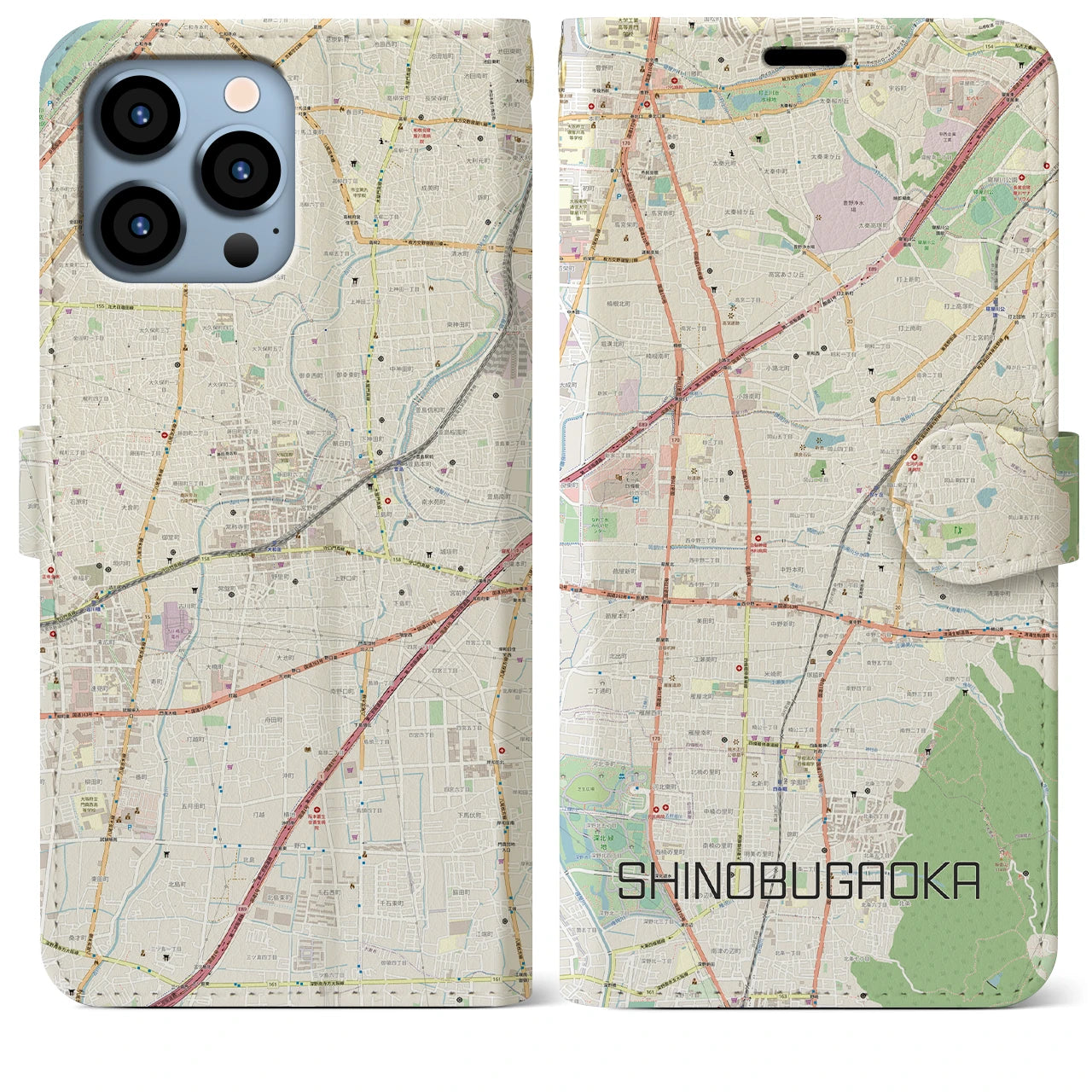 【忍ケ丘】地図柄iPhoneケース（手帳両面タイプ・ナチュラル）iPhone 13 Pro Max 用