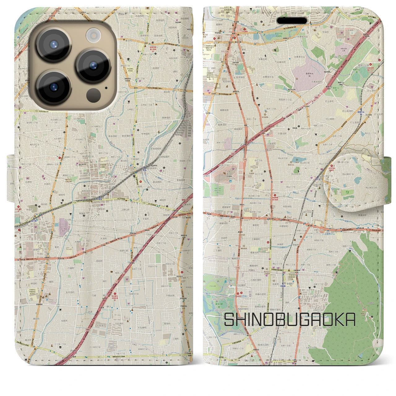 【忍ケ丘】地図柄iPhoneケース（手帳両面タイプ・ナチュラル）iPhone 14 Pro Max 用