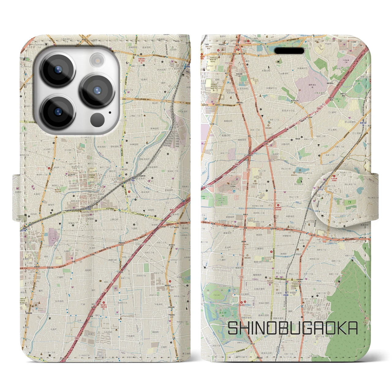 【忍ケ丘】地図柄iPhoneケース（手帳両面タイプ・ナチュラル）iPhone 14 Pro 用