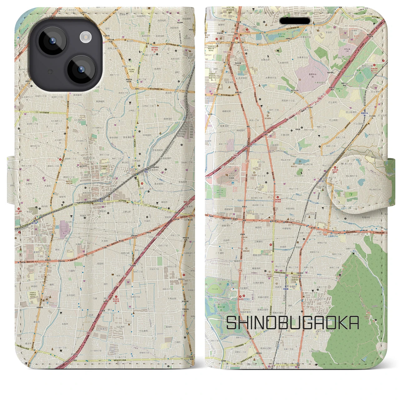 【忍ケ丘】地図柄iPhoneケース（手帳両面タイプ・ナチュラル）iPhone 14 Plus 用