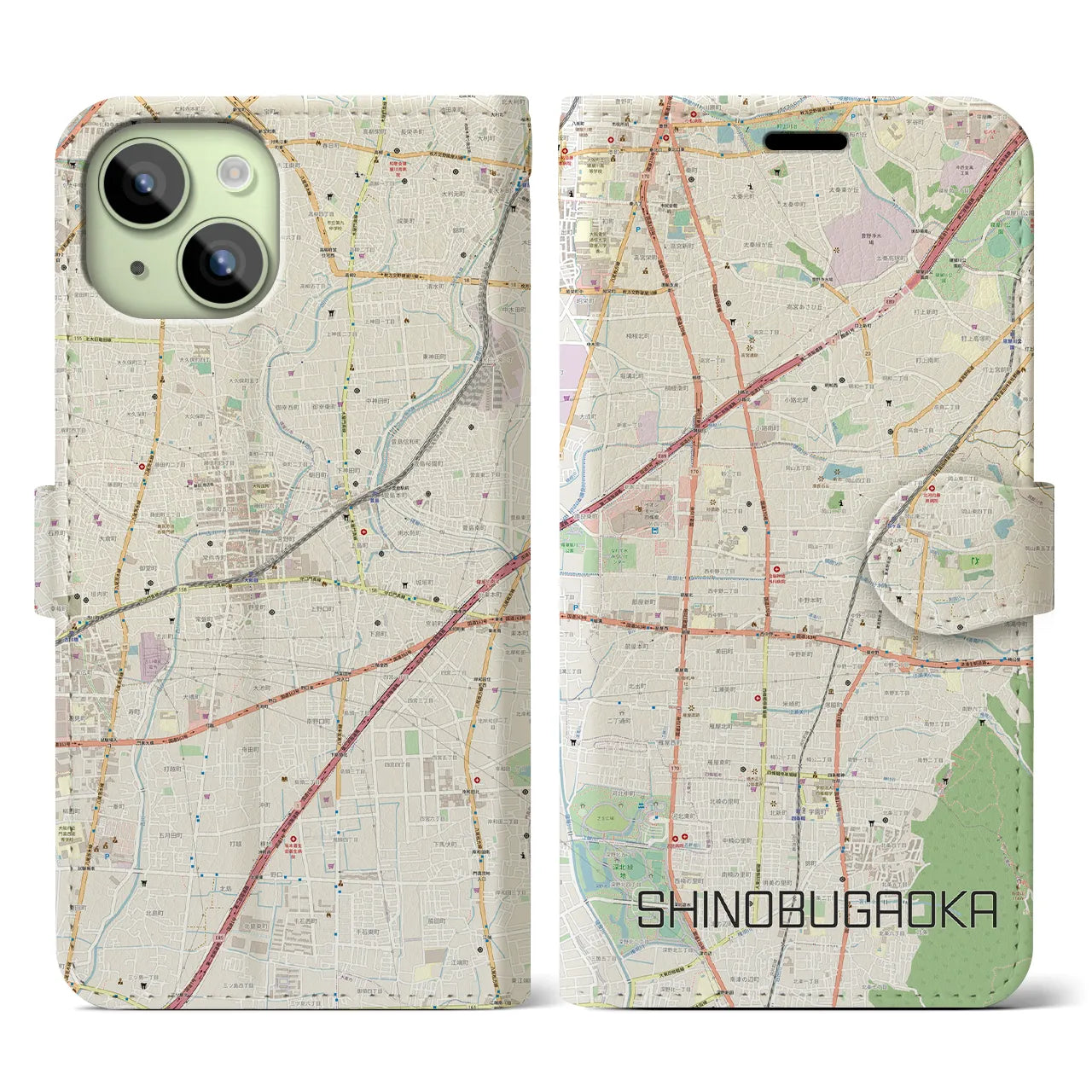 【忍ケ丘】地図柄iPhoneケース（手帳両面タイプ・ナチュラル）iPhone 15 用