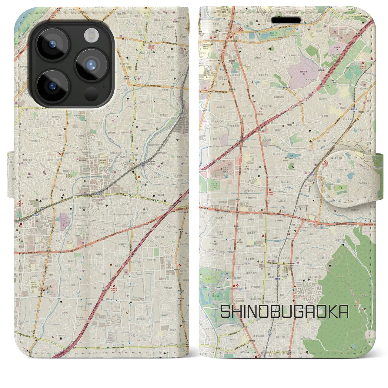 【忍ケ丘】地図柄iPhoneケース（手帳両面タイプ・ナチュラル）iPhone 15 Pro Max 用