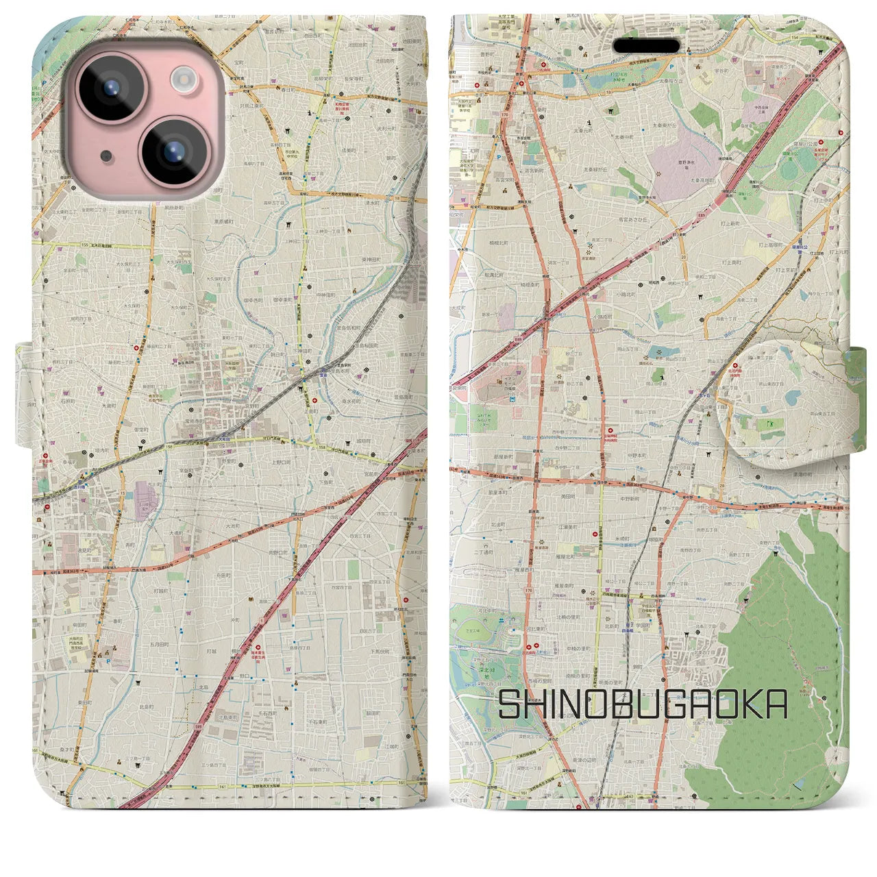 【忍ケ丘】地図柄iPhoneケース（手帳両面タイプ・ナチュラル）iPhone 15 Plus 用