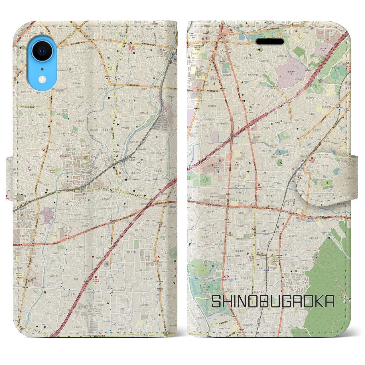 【忍ケ丘】地図柄iPhoneケース（手帳両面タイプ・ナチュラル）iPhone XR 用