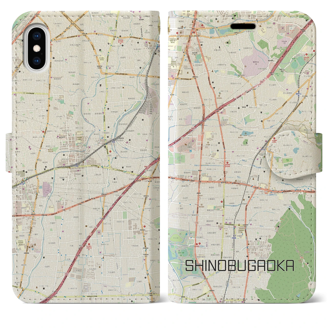 【忍ケ丘】地図柄iPhoneケース（手帳両面タイプ・ナチュラル）iPhone XS Max 用