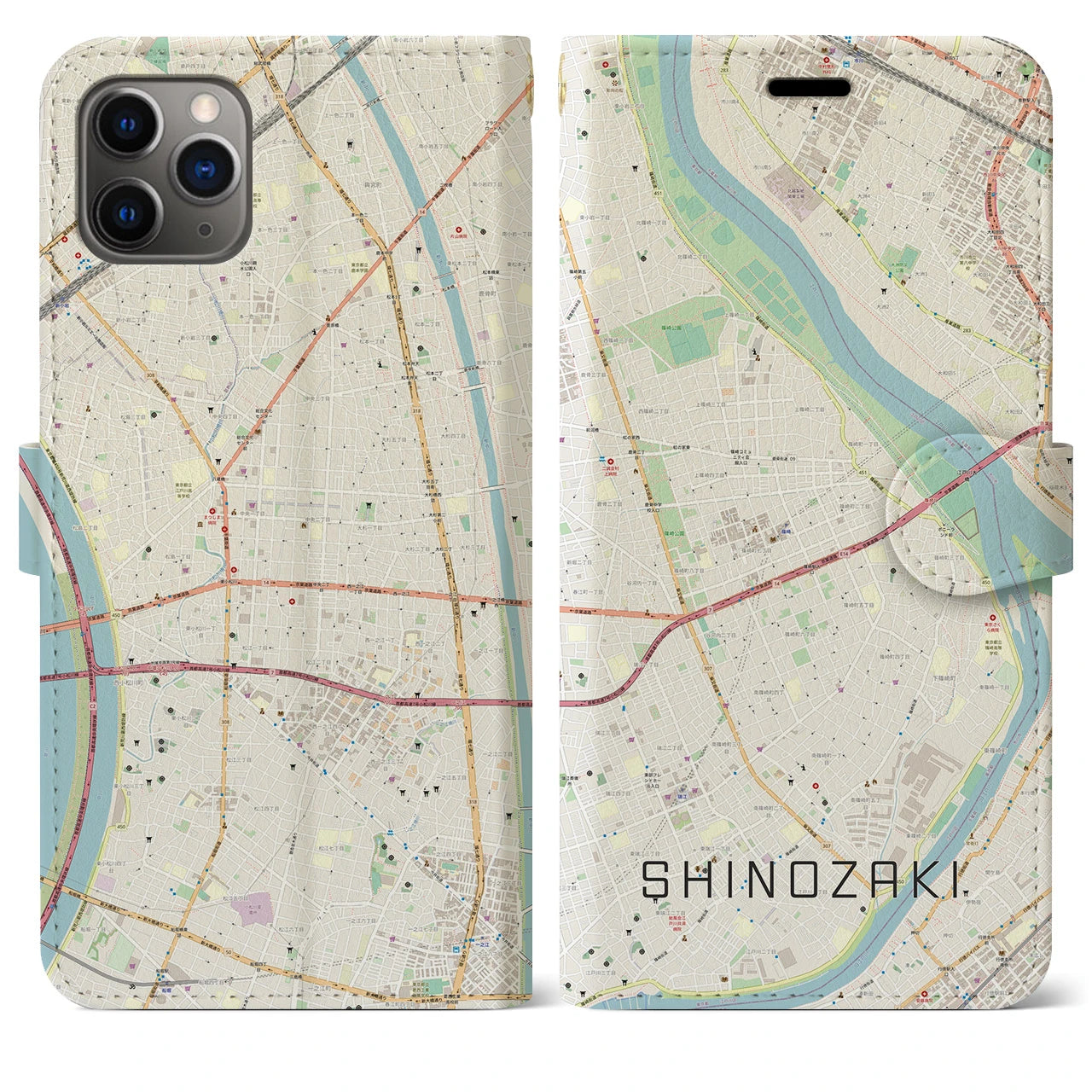 【篠崎】地図柄iPhoneケース（手帳両面タイプ・ナチュラル）iPhone 11 Pro Max 用