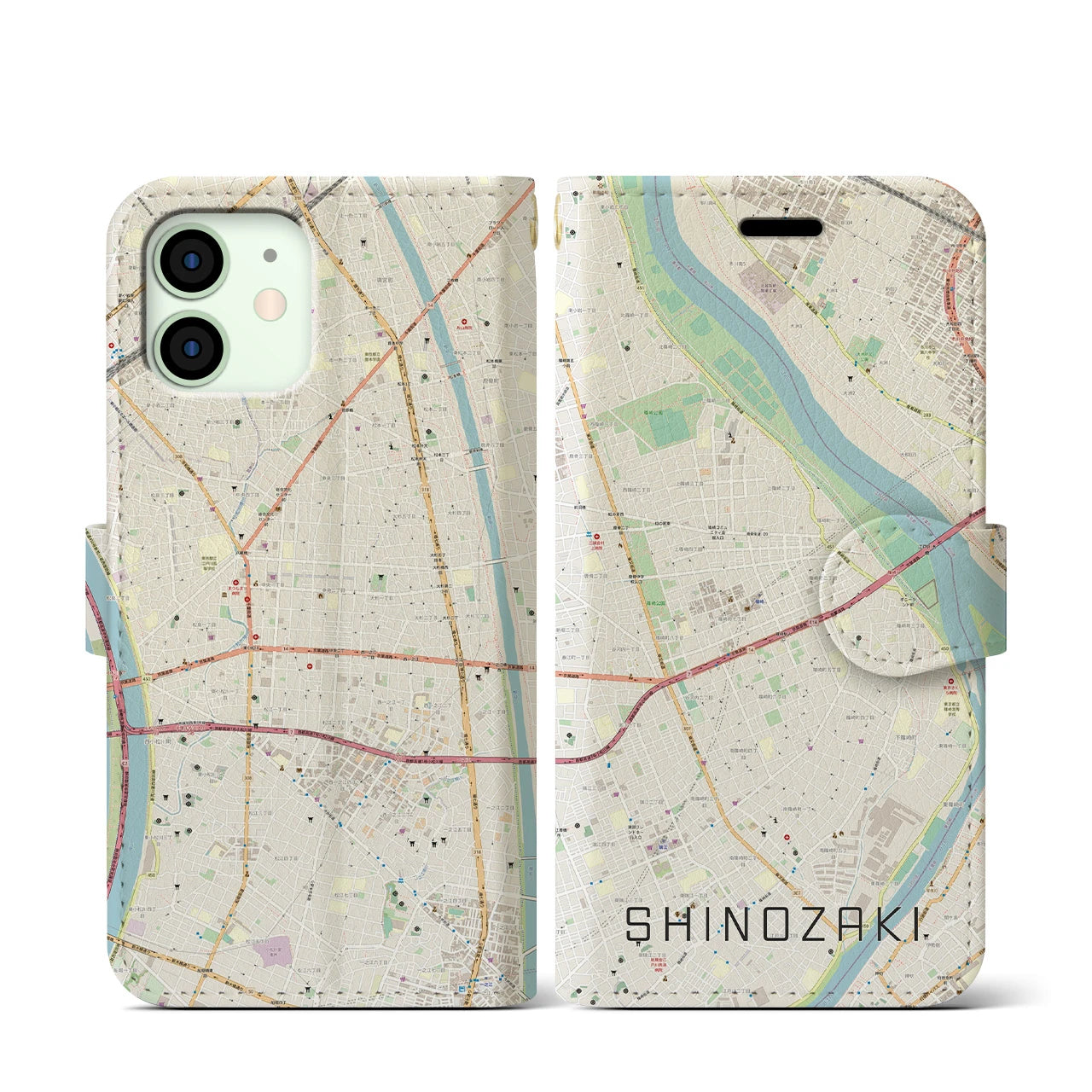 【篠崎】地図柄iPhoneケース（手帳両面タイプ・ナチュラル）iPhone 12 mini 用