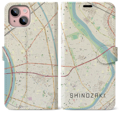 【篠崎（東京都）】地図柄iPhoneケース（手帳タイプ）ナチュラル・iPhone 15 Plus 用