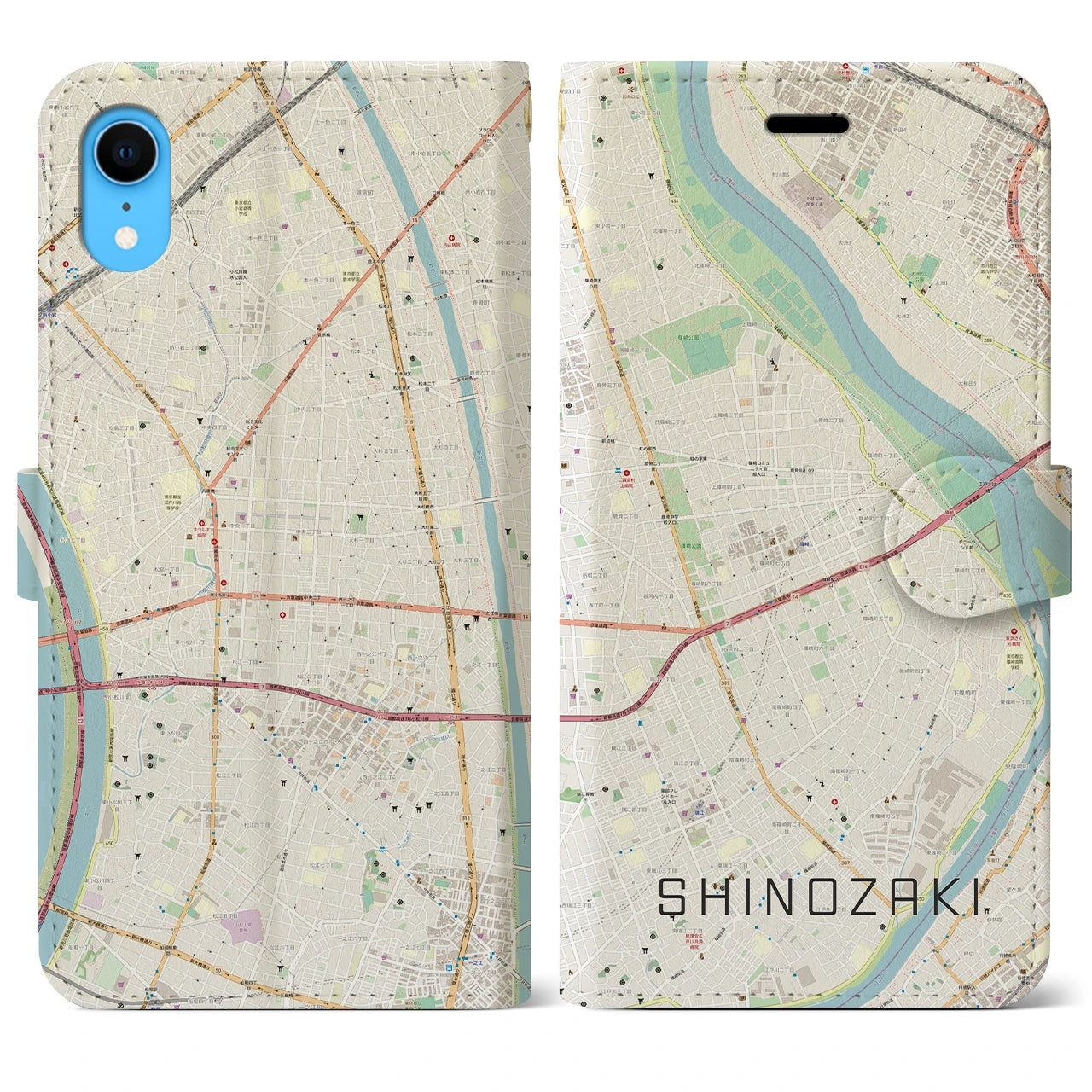 【篠崎】地図柄iPhoneケース（手帳両面タイプ・ナチュラル）iPhone XR 用