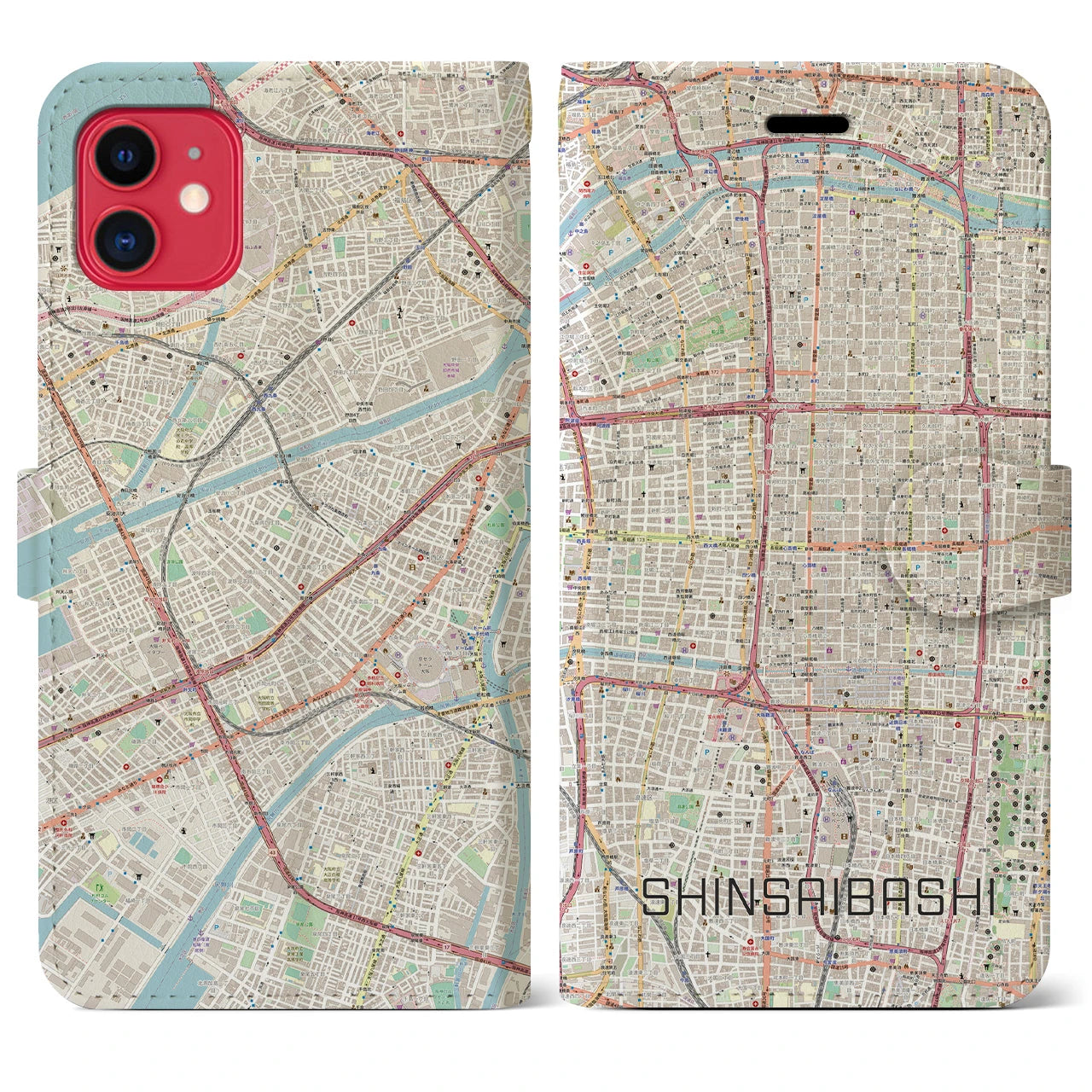 【心斎橋】地図柄iPhoneケース（手帳両面タイプ・ナチュラル）iPhone 11 用