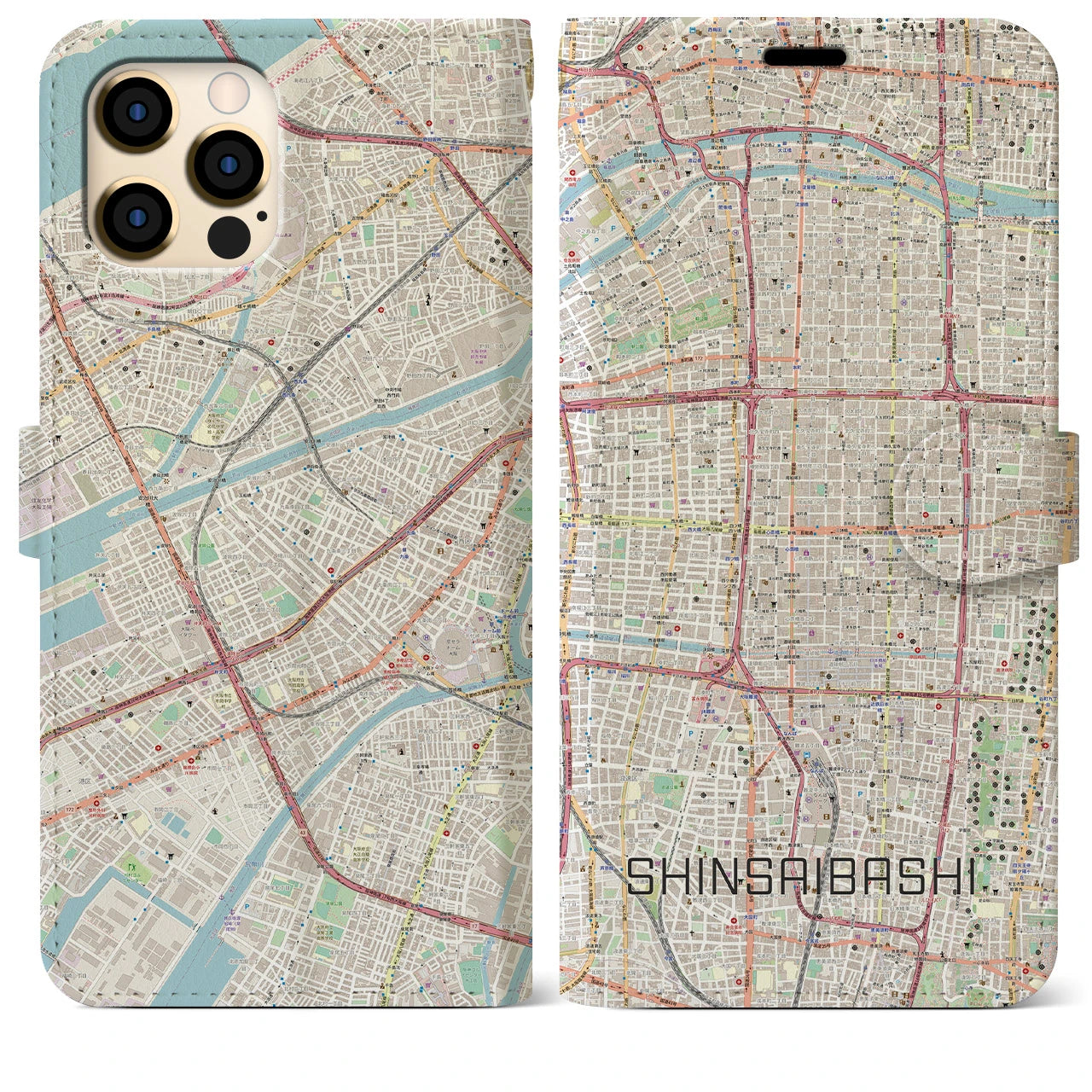 【心斎橋】地図柄iPhoneケース（手帳両面タイプ・ナチュラル）iPhone 12 Pro Max 用