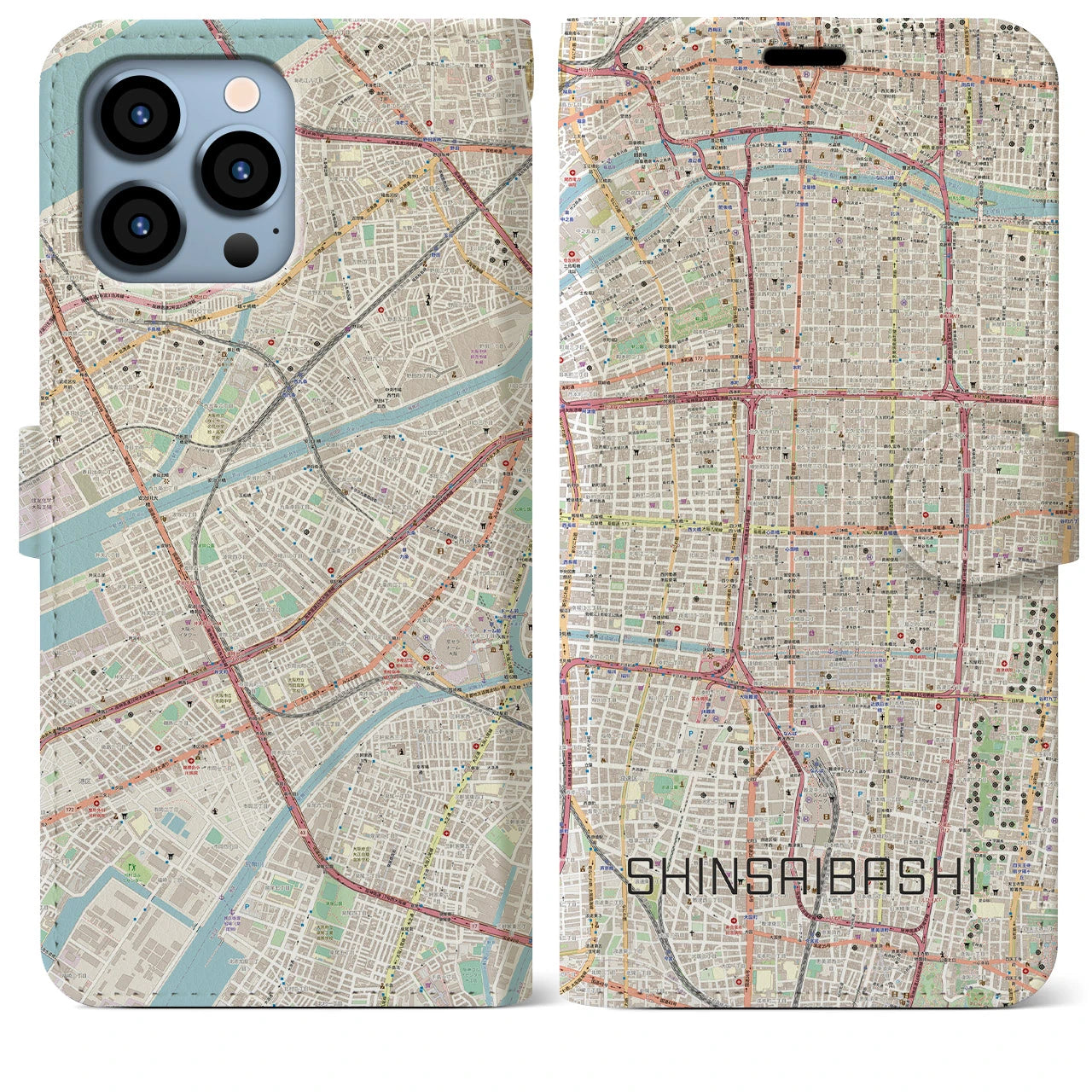 【心斎橋】地図柄iPhoneケース（手帳両面タイプ・ナチュラル）iPhone 13 Pro Max 用