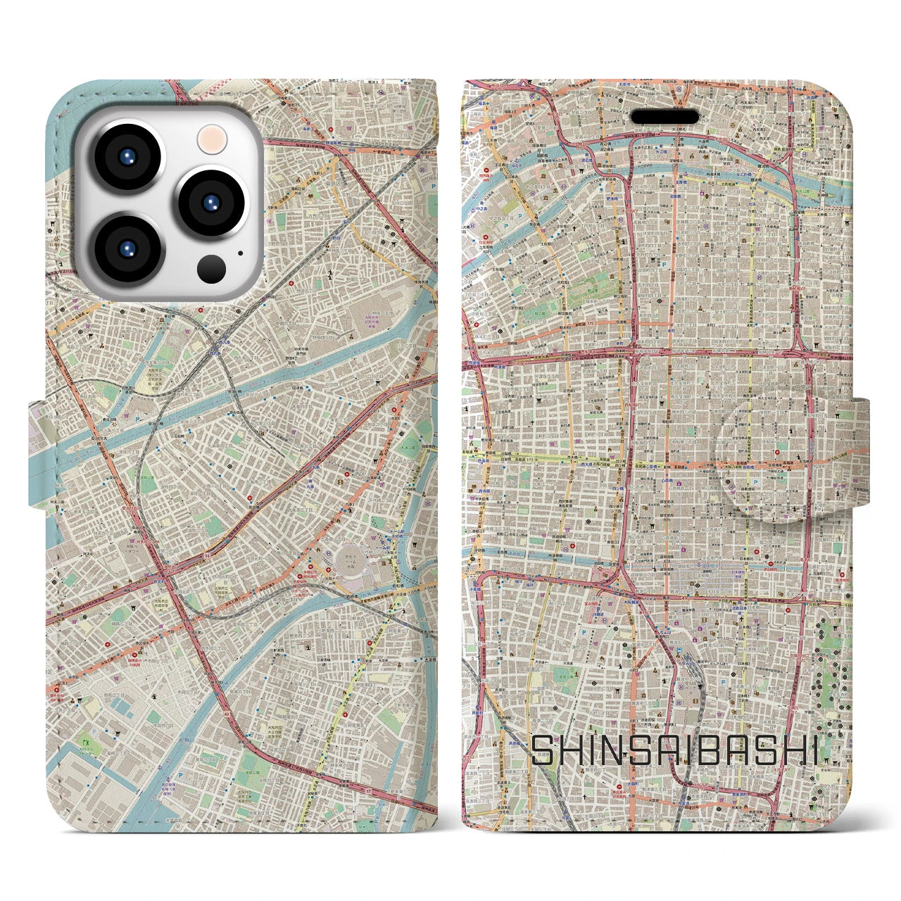 【心斎橋】地図柄iPhoneケース（手帳両面タイプ・ナチュラル）iPhone 13 Pro 用