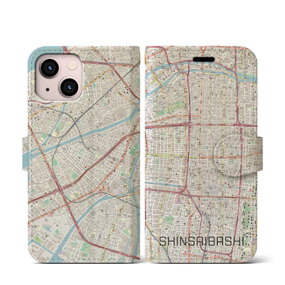 【心斎橋（大阪府）】地図柄iPhoneケース（手帳タイプ）ナチュラル・iPhone 13 mini 用