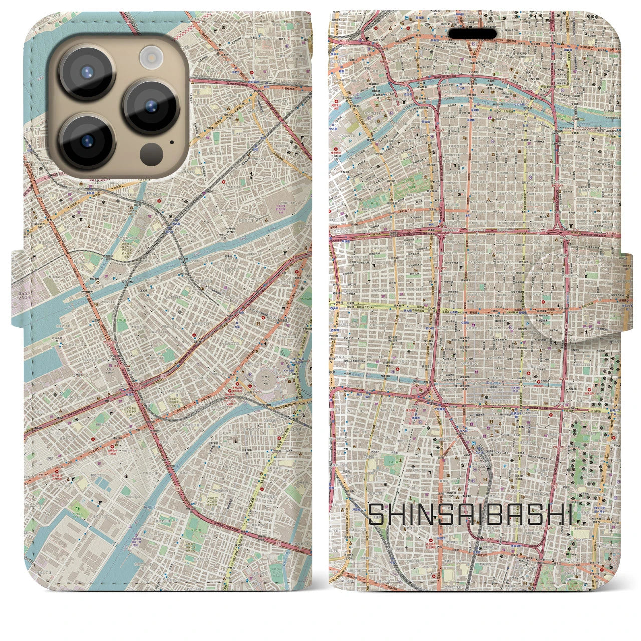 【心斎橋】地図柄iPhoneケース（手帳両面タイプ・ナチュラル）iPhone 14 Pro Max 用