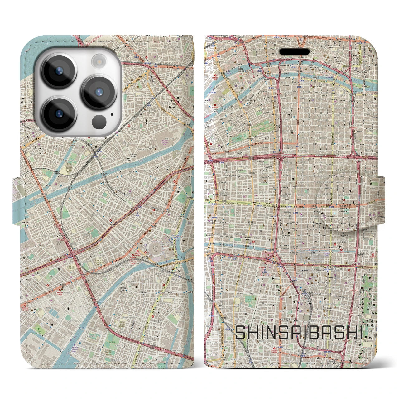 【心斎橋】地図柄iPhoneケース（手帳両面タイプ・ナチュラル）iPhone 14 Pro 用