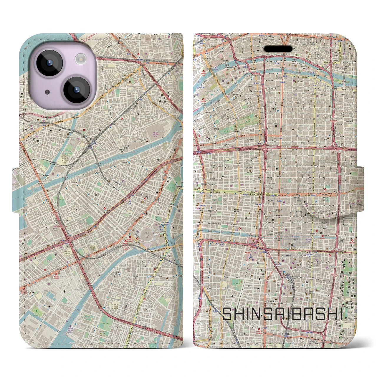 【心斎橋】地図柄iPhoneケース（手帳両面タイプ・ナチュラル）iPhone 14 用