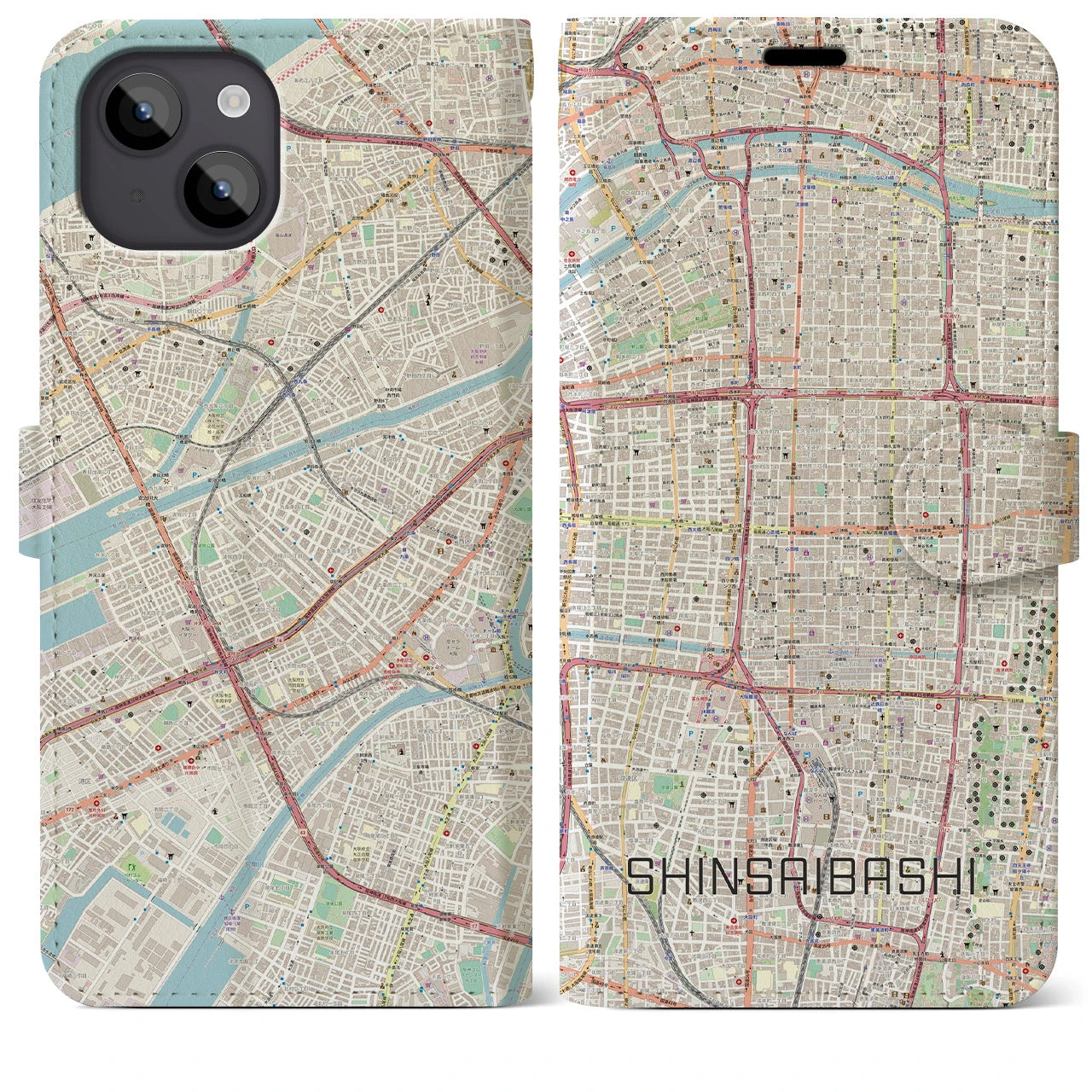 【心斎橋】地図柄iPhoneケース（手帳両面タイプ・ナチュラル）iPhone 14 Plus 用