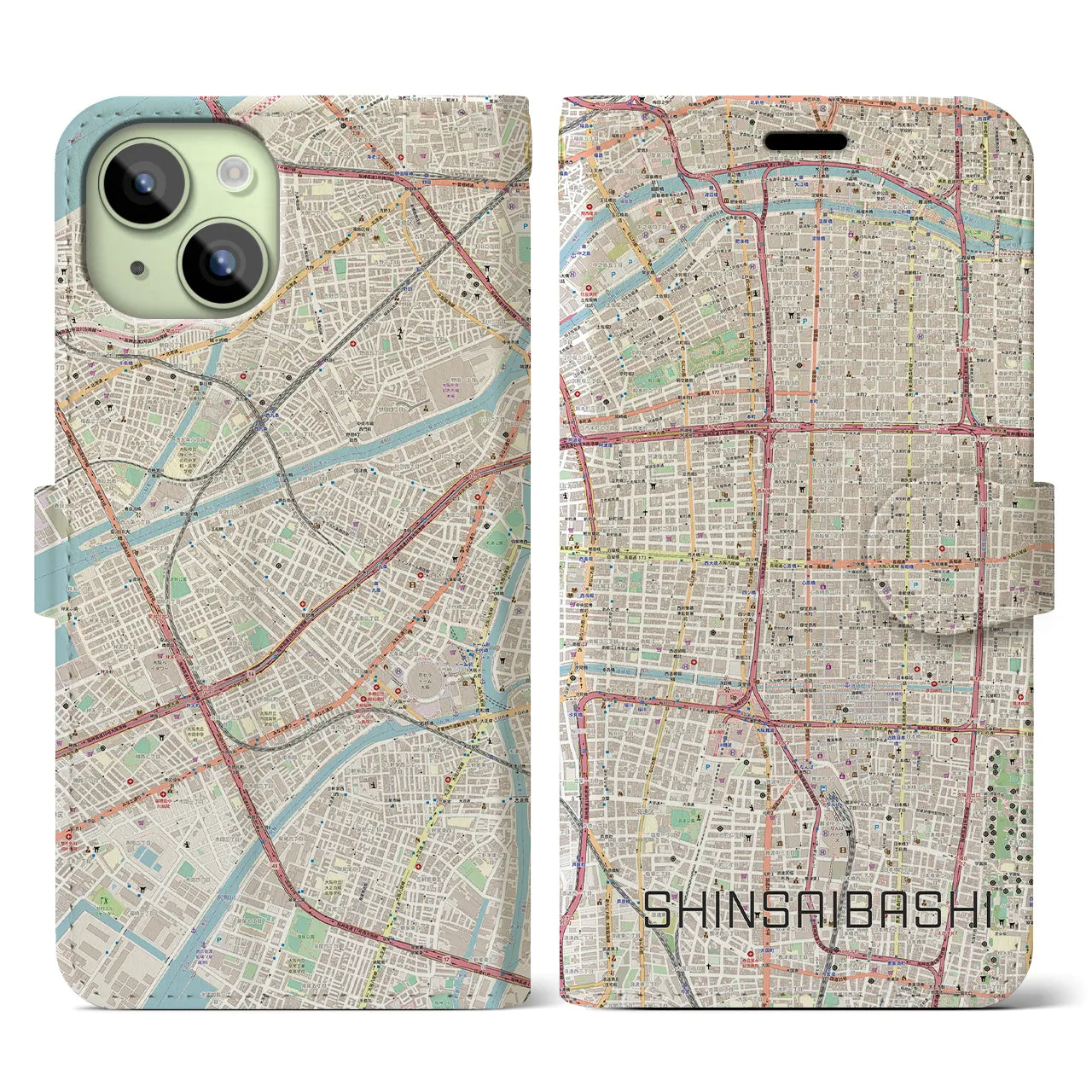 【心斎橋】地図柄iPhoneケース（手帳両面タイプ・ナチュラル）iPhone 15 用