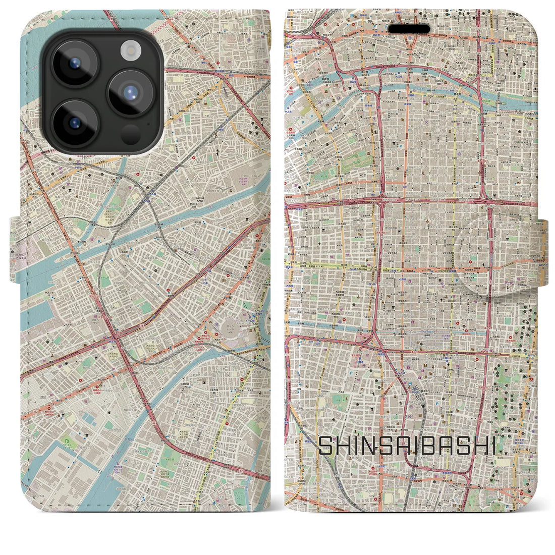 【心斎橋】地図柄iPhoneケース（手帳両面タイプ・ナチュラル）iPhone 15 Pro Max 用