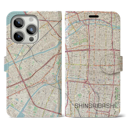 【心斎橋（大阪府）】地図柄iPhoneケース（手帳タイプ）ナチュラル・iPhone 15 Pro 用