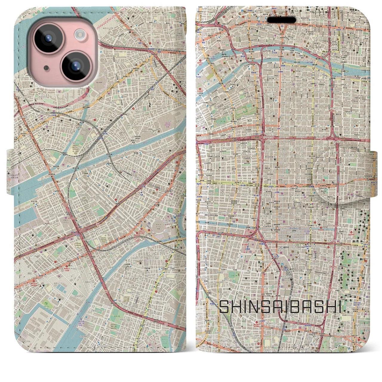 【心斎橋】地図柄iPhoneケース（手帳両面タイプ・ナチュラル）iPhone 15 Plus 用