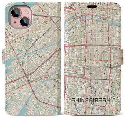 【心斎橋（大阪府）】地図柄iPhoneケース（手帳タイプ）ナチュラル・iPhone 15 Plus 用