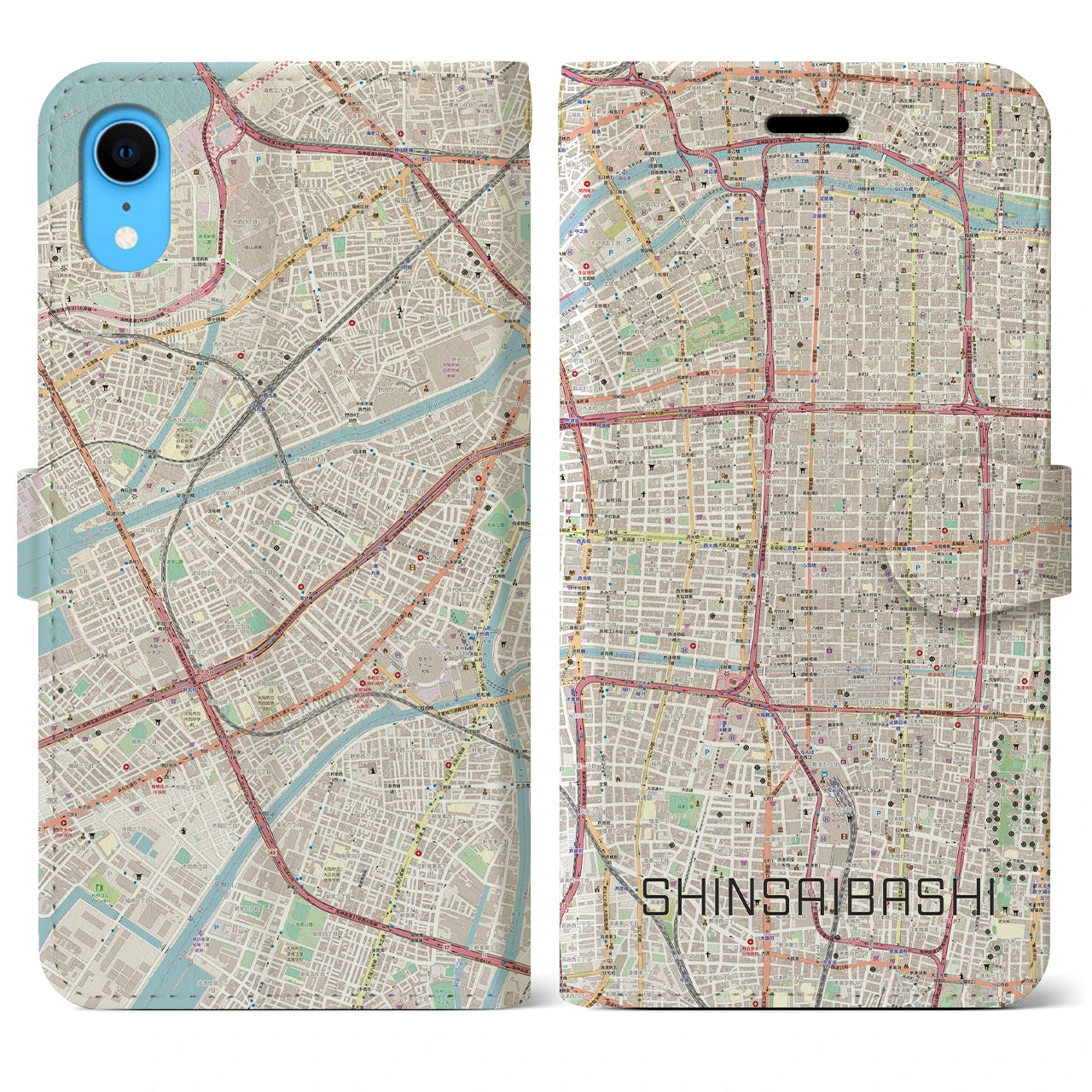【心斎橋】地図柄iPhoneケース（手帳両面タイプ・ナチュラル）iPhone XR 用