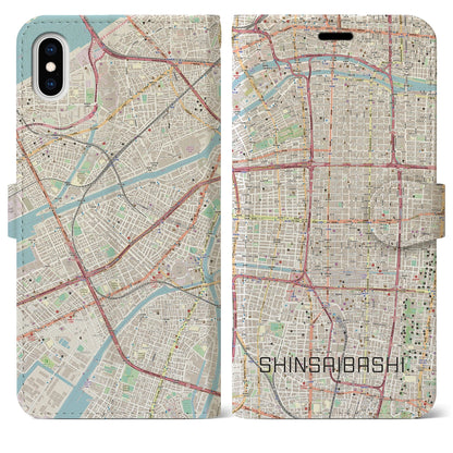 【心斎橋（大阪府）】地図柄iPhoneケース（手帳タイプ）ナチュラル・iPhone XS Max 用