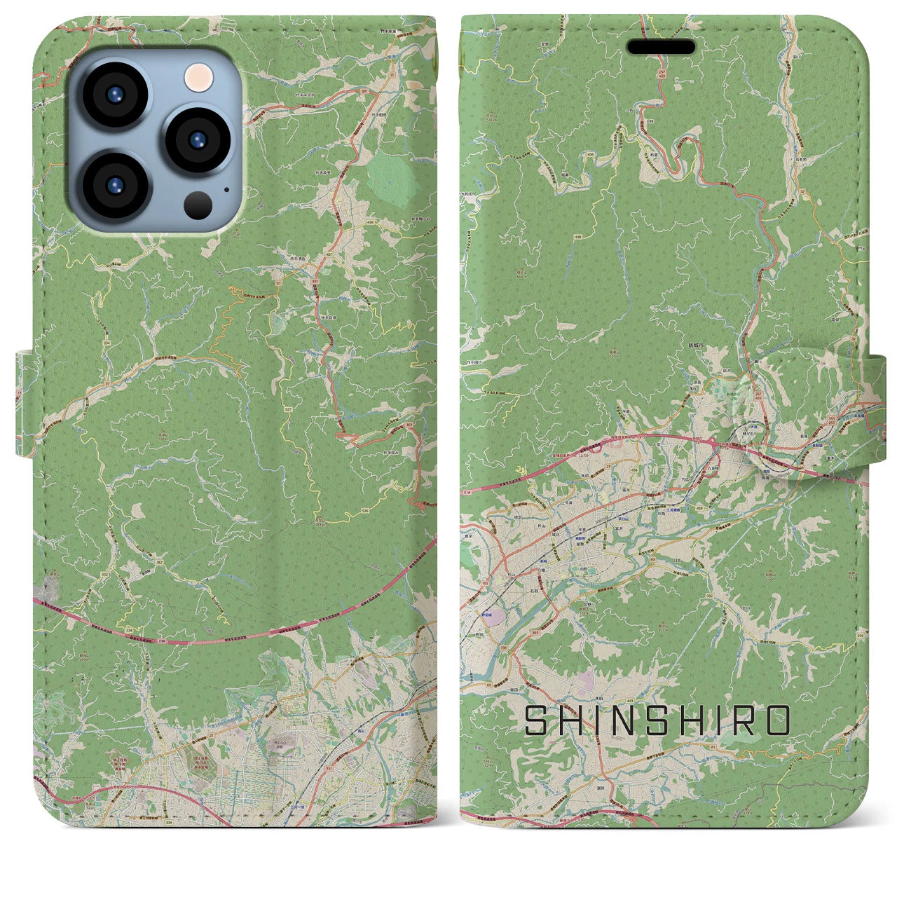 【新城】地図柄iPhoneケース（手帳両面タイプ・ナチュラル）iPhone 13 Pro Max 用