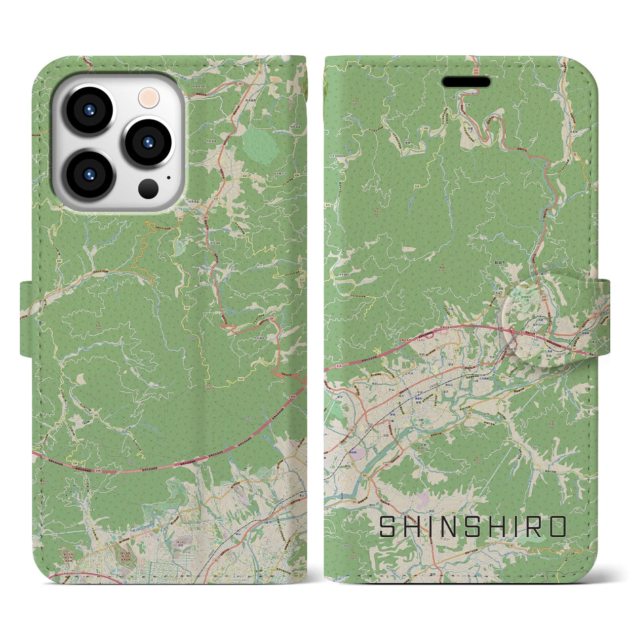 【新城】地図柄iPhoneケース（手帳両面タイプ・ナチュラル）iPhone 13 Pro 用