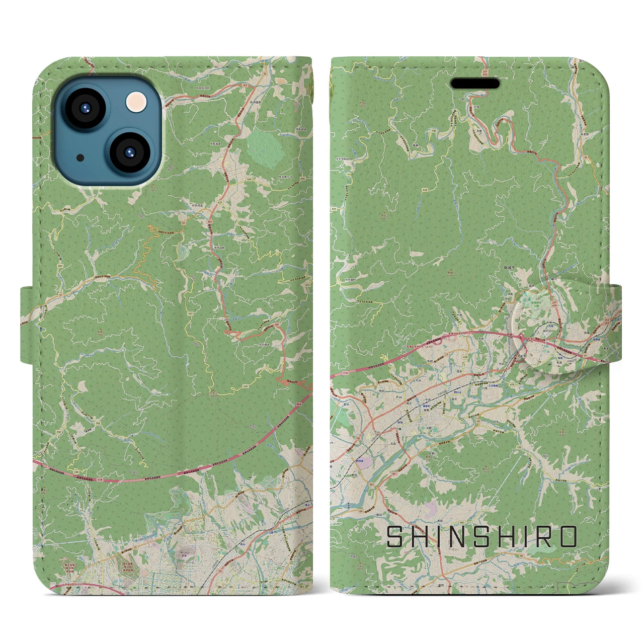 【新城】地図柄iPhoneケース（手帳両面タイプ・ナチュラル）iPhone 13 用