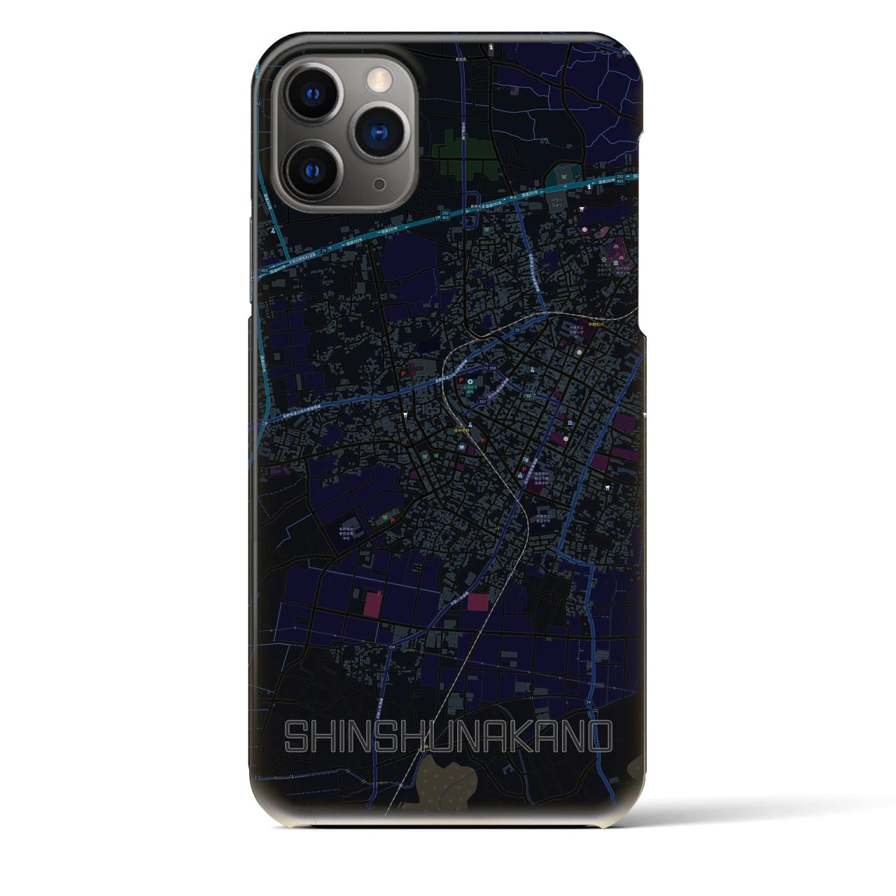 【信州中野】地図柄iPhoneケース（バックカバータイプ・ブラック）iPhone 11 Pro Max 用