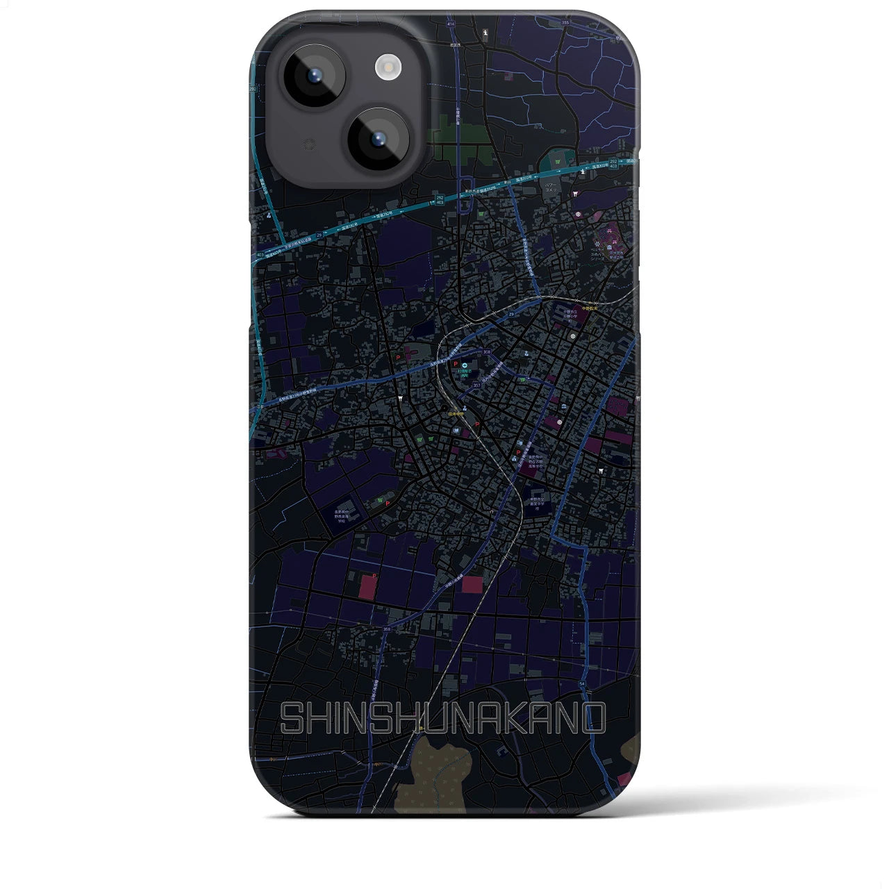 【信州中野】地図柄iPhoneケース（バックカバータイプ・ブラック）iPhone 14 Plus 用