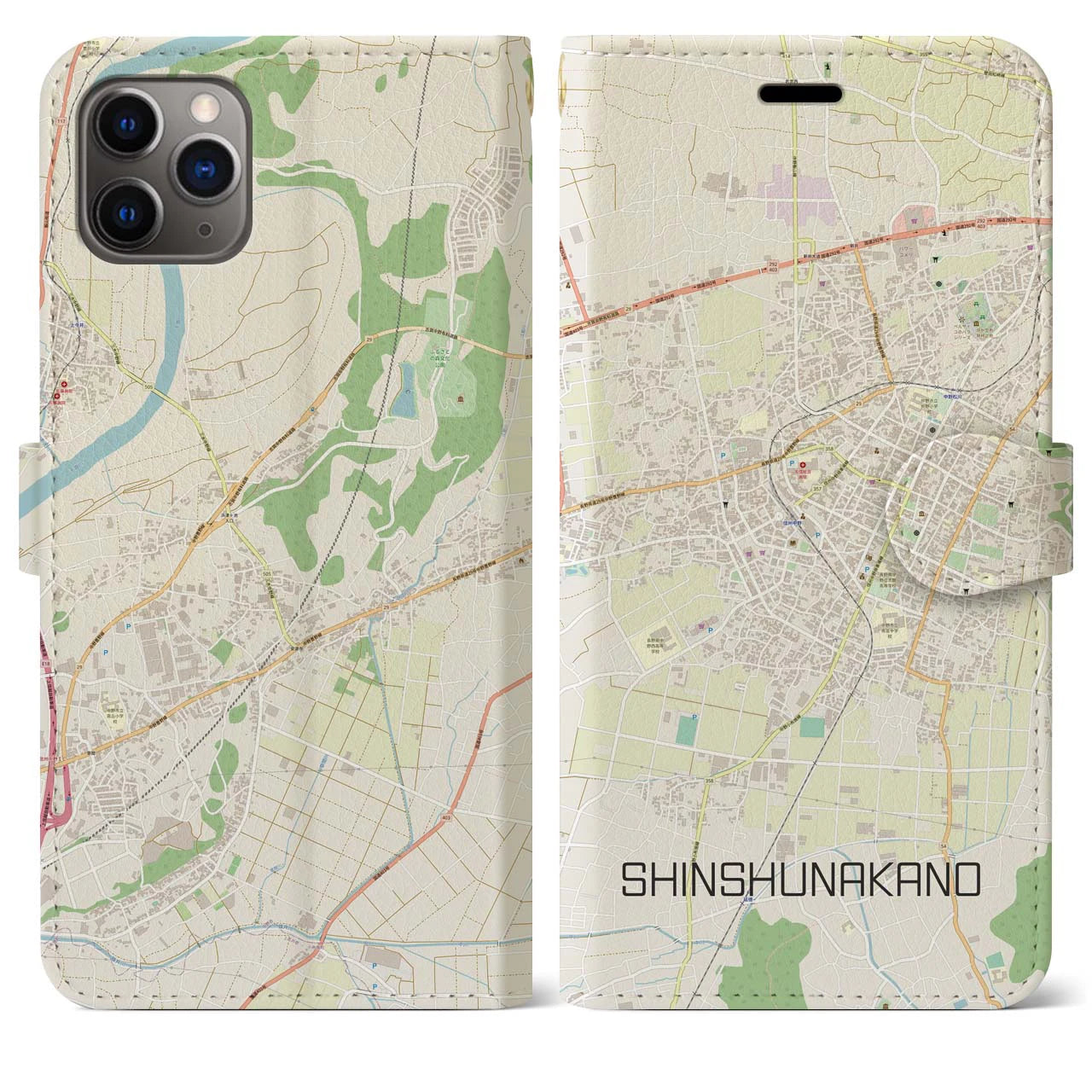 【信州中野】地図柄iPhoneケース（手帳両面タイプ・ナチュラル）iPhone 11 Pro Max 用